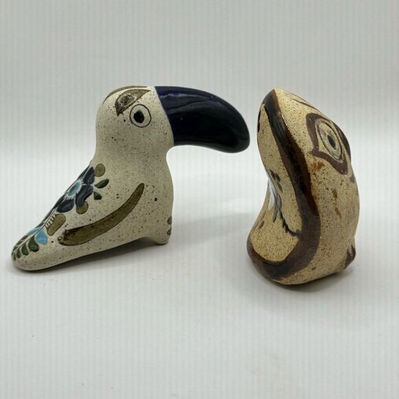 Set Of 2 Tonala Mexican Pottery Ceramic Hand Painted Mini Owl And Toucan Signed - Picture 5 of 8